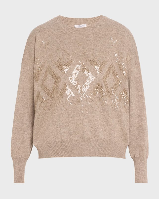 Two-Tone Cashmere Crewneck with Mountain Mosaic Sequins